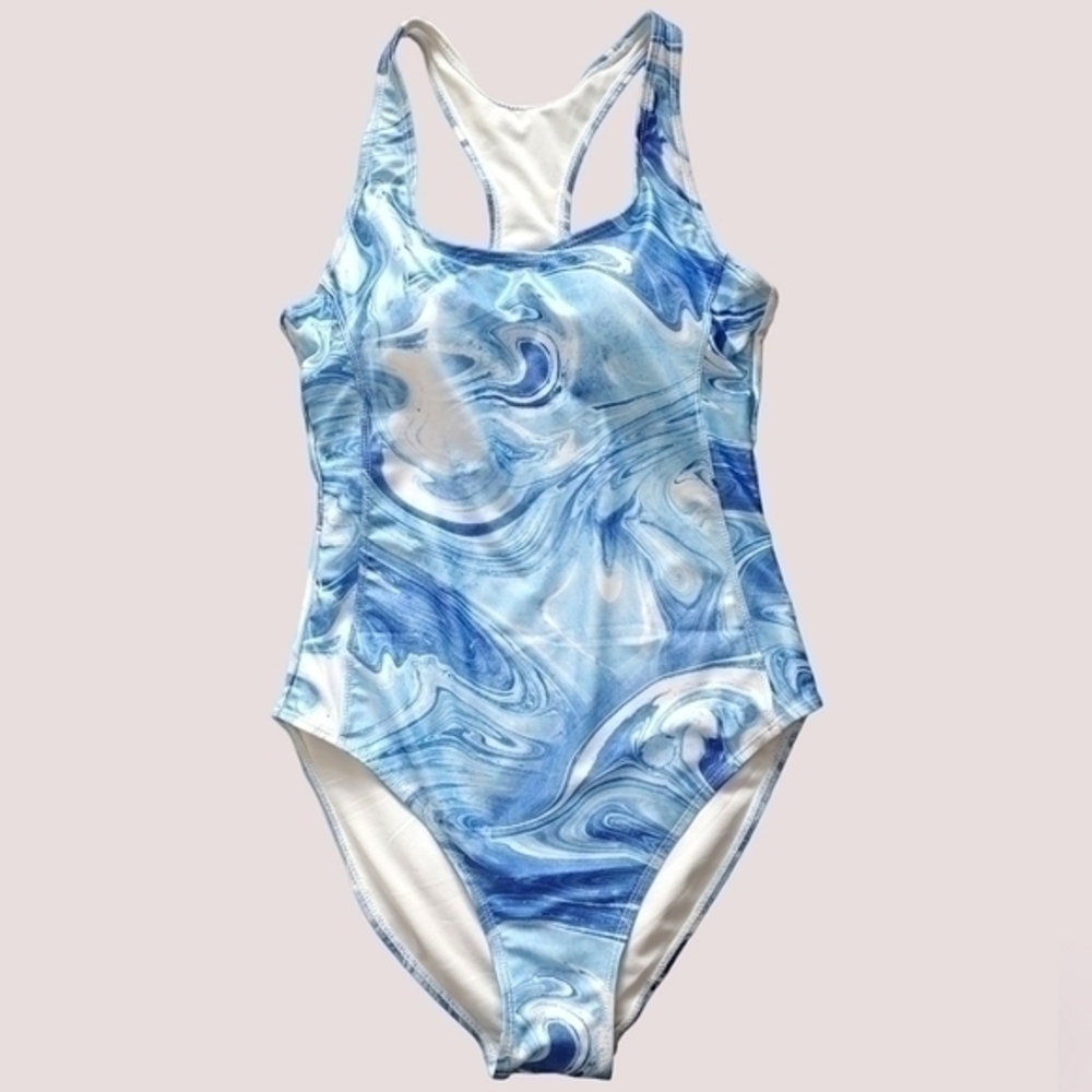 NWT NICOLE MILLER BLUE SWIRL RACERBACK ONE PICECE SWIMSUIT SIZE M
